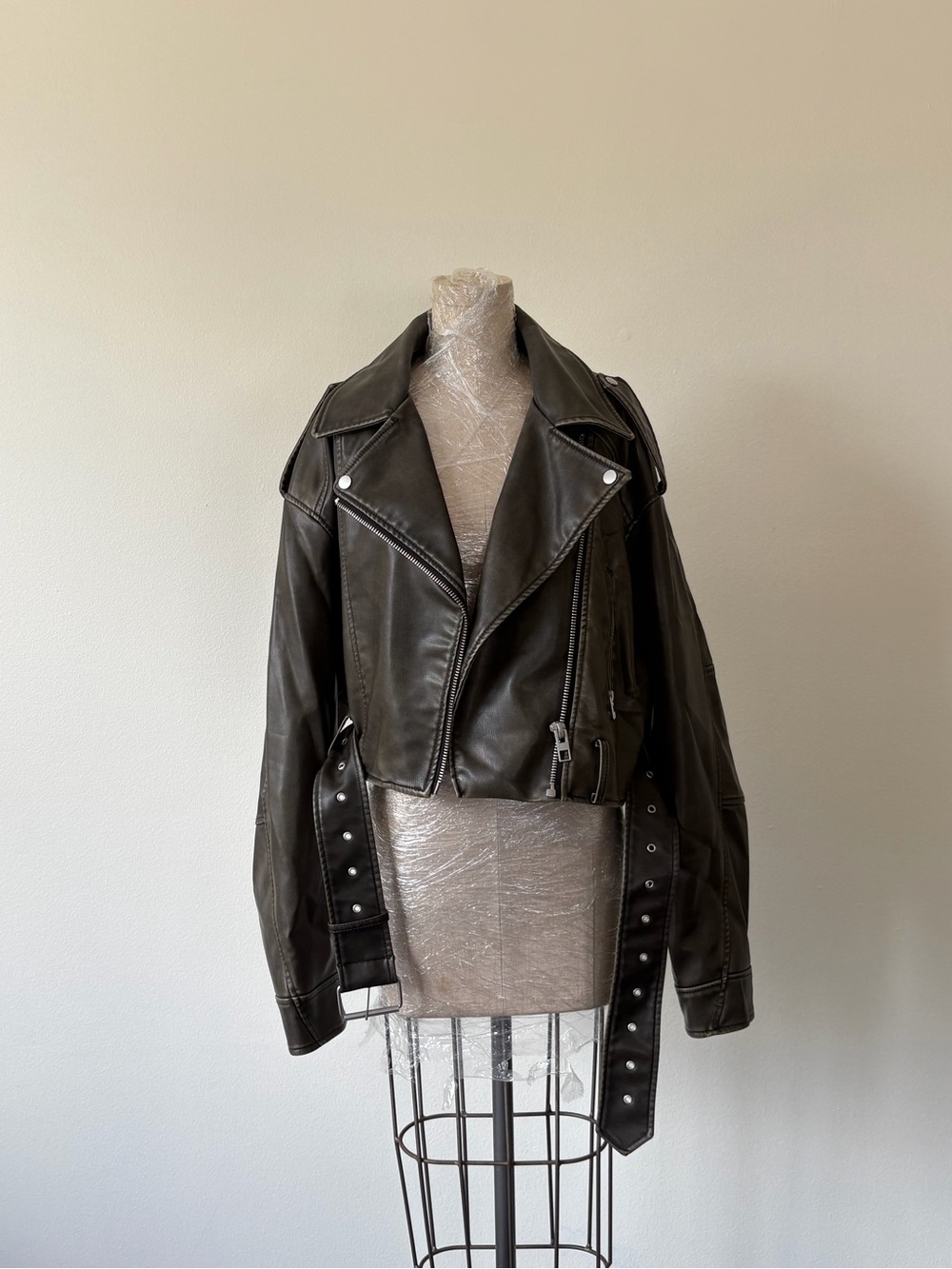 Zara Black Moto Leather Jacket with Studded Belt Detail